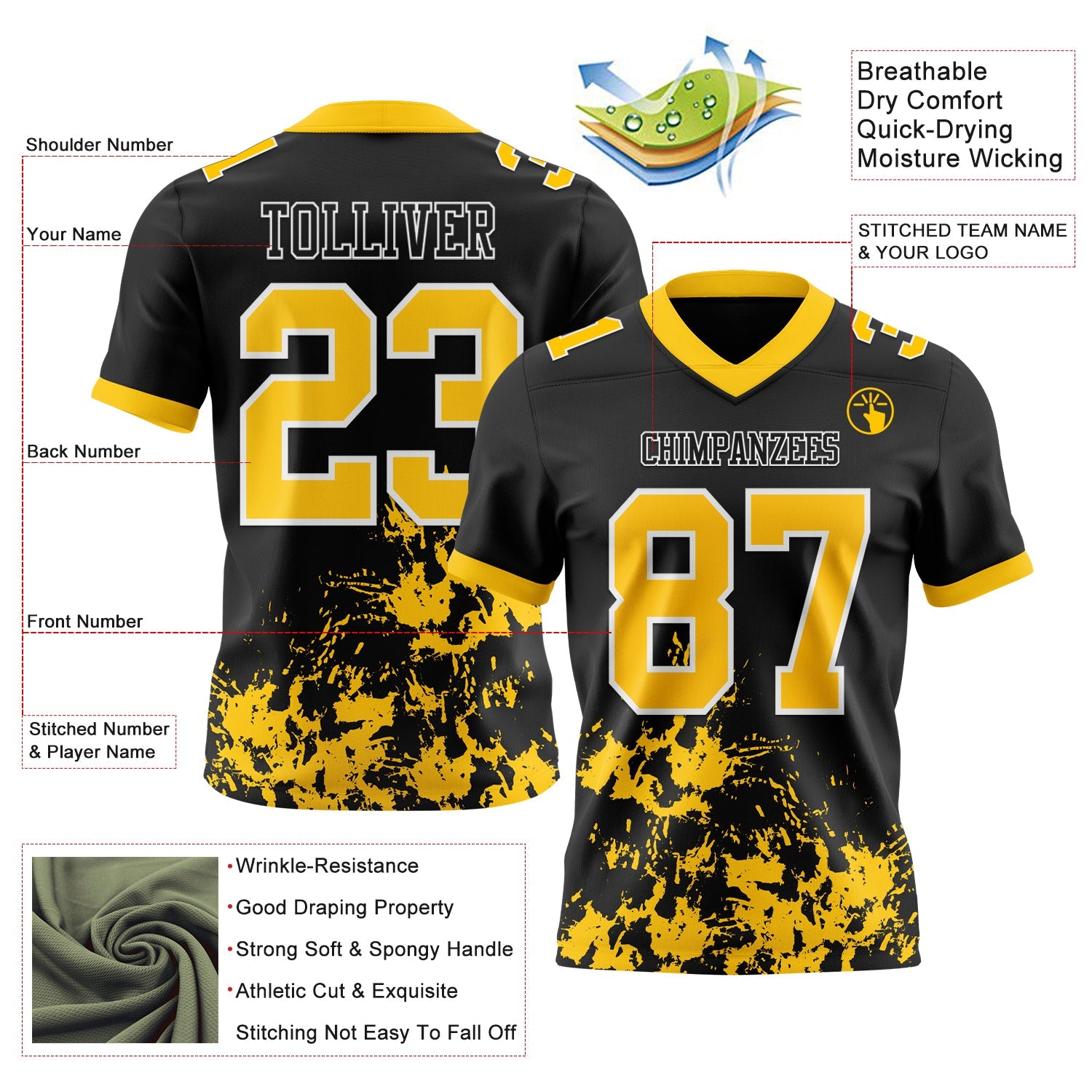 Custom Black Yellow-White 3D Pattern Splash Authentic Football Jersey view 3
