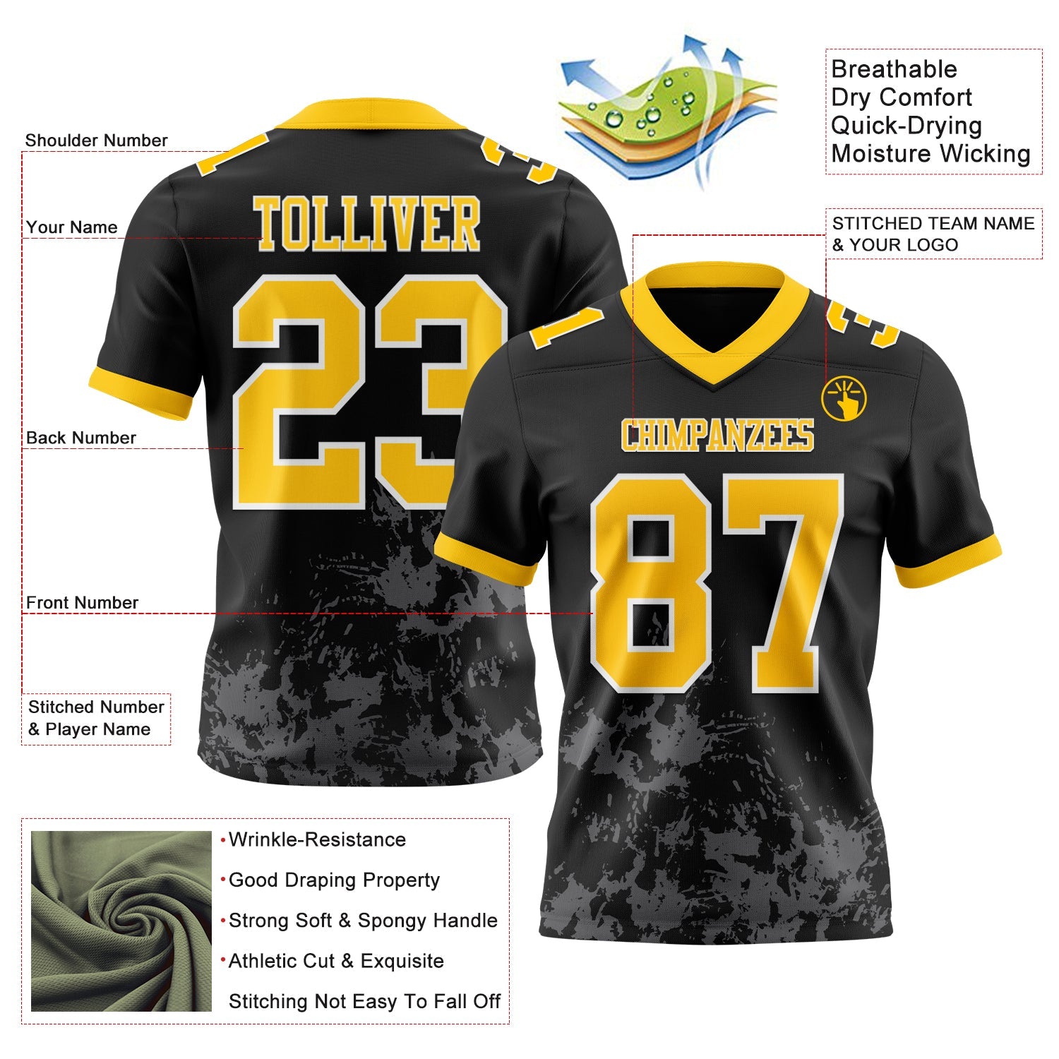 Custom Black Yellow Steel Gray-White 3D Pattern Splash Authentic Football Jersey view 3