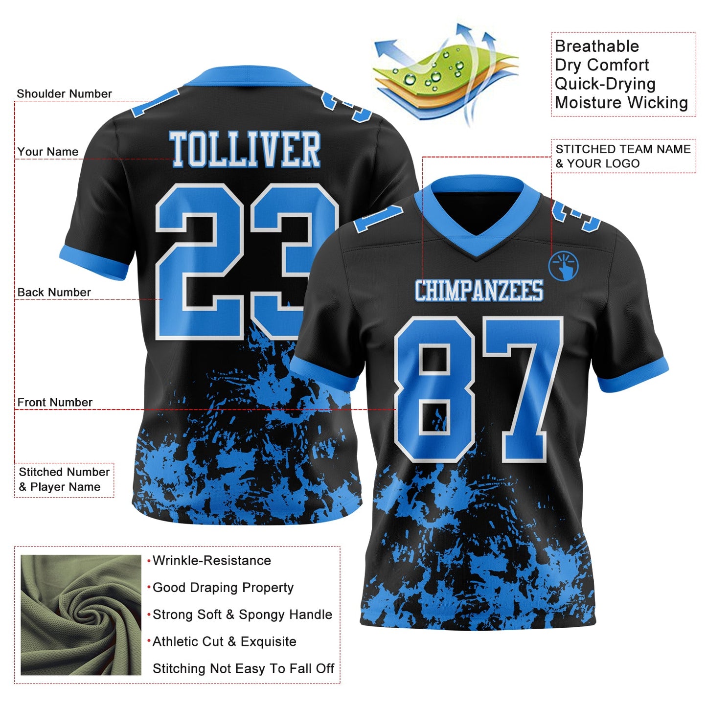 Custom Black Powder Blue-White 3D Pattern Splash Authentic Football Jersey view 3