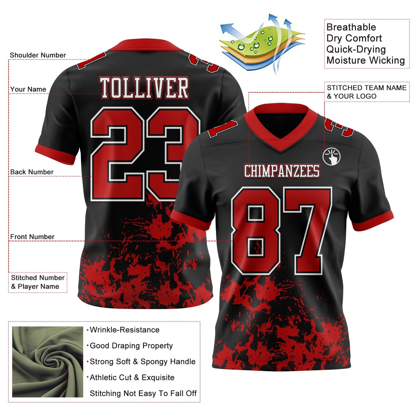 Custom Black Red-White 3D Pattern Splash Authentic Football Jersey view 3