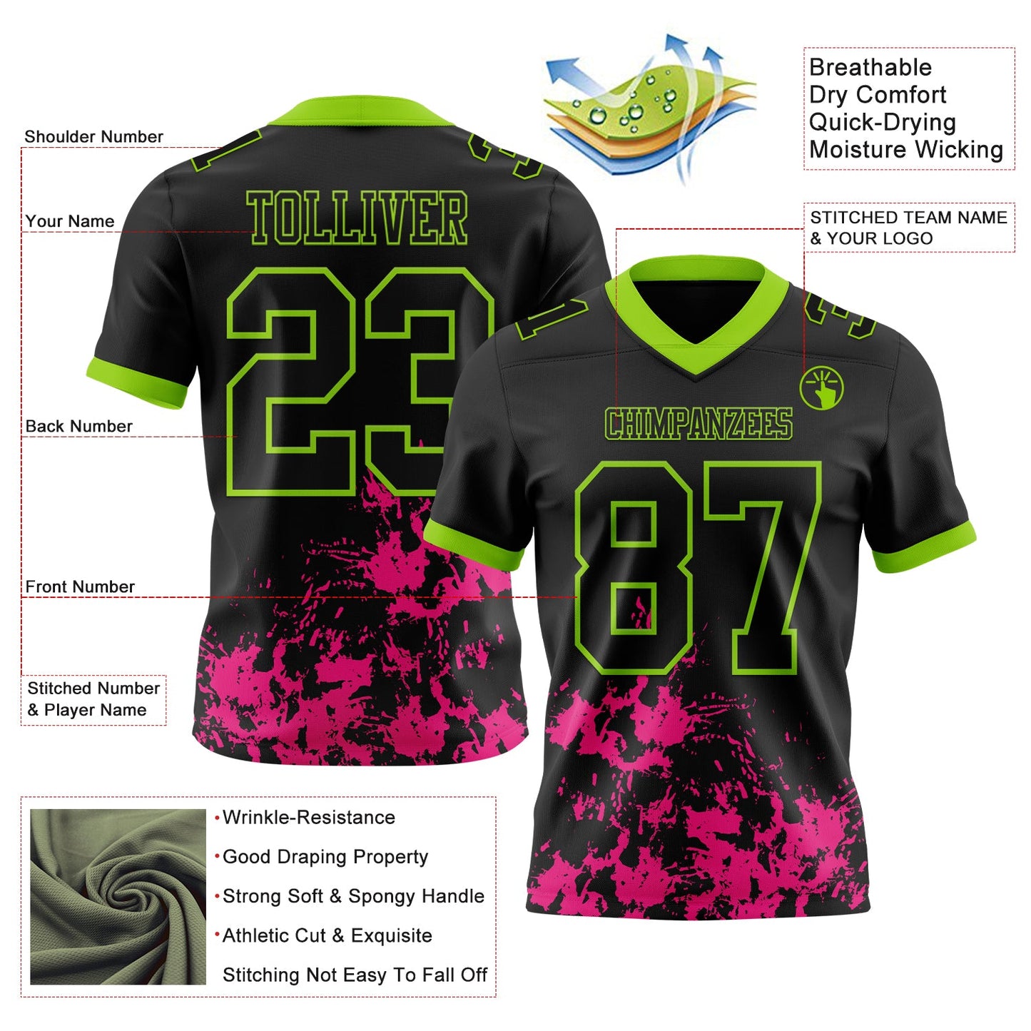 Custom Black Hot Pink-Neon Green 3D Pattern Splash Authentic Football Jersey view 3
