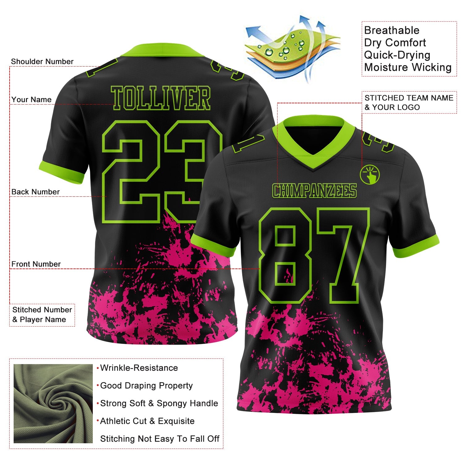 Custom Black Hot Pink-Neon Green 3D Pattern Splash Authentic Football Jersey view 3
