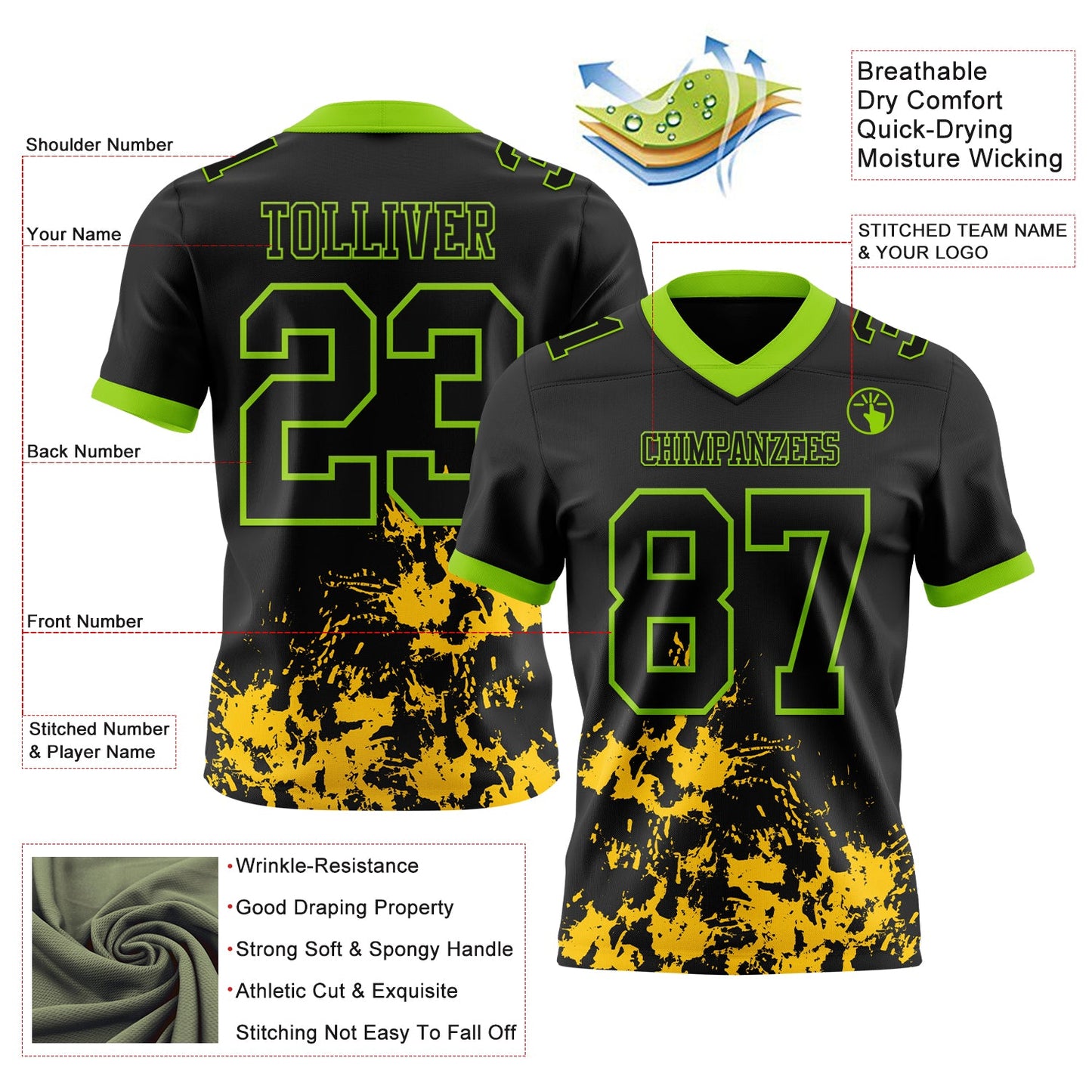Custom Black Yellow-Neon Green 3D Pattern Splash Authentic Football Jersey view 3
