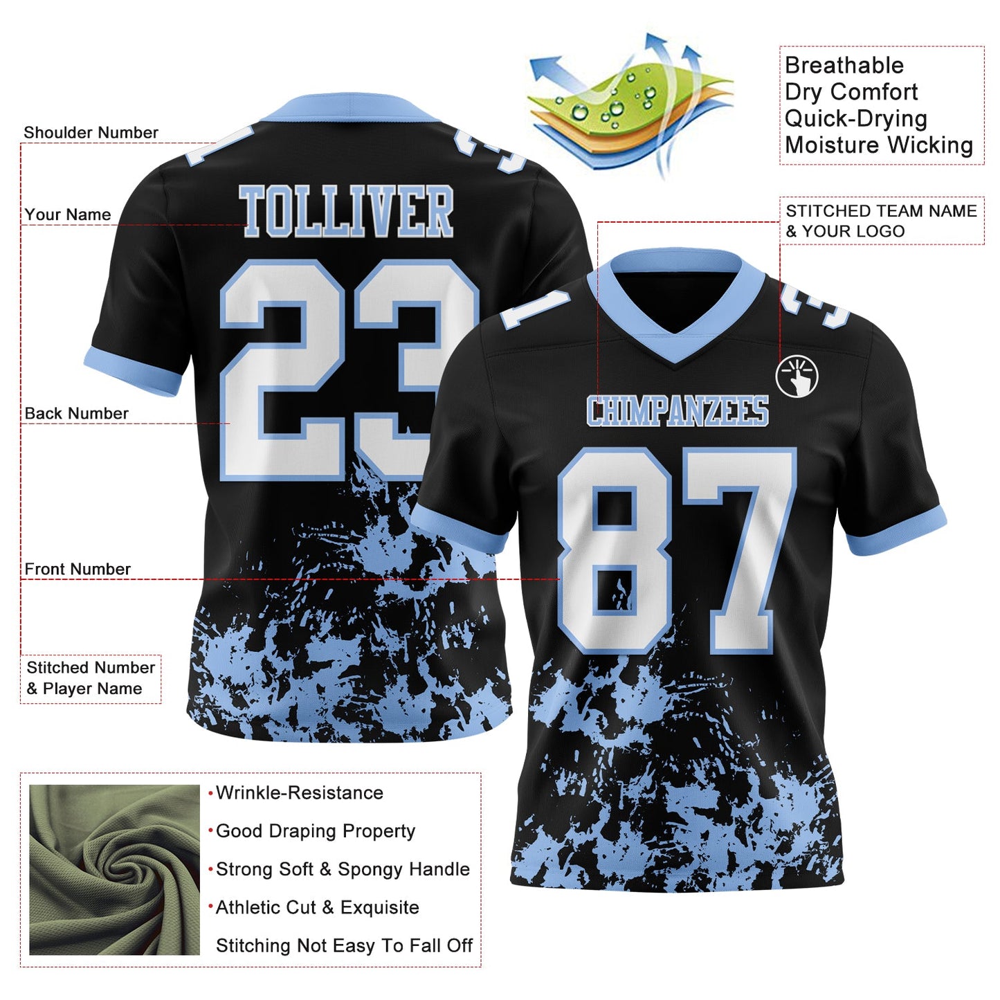 Custom Black White-Light Blue 3D Pattern Splash Authentic Football Jersey view 3
