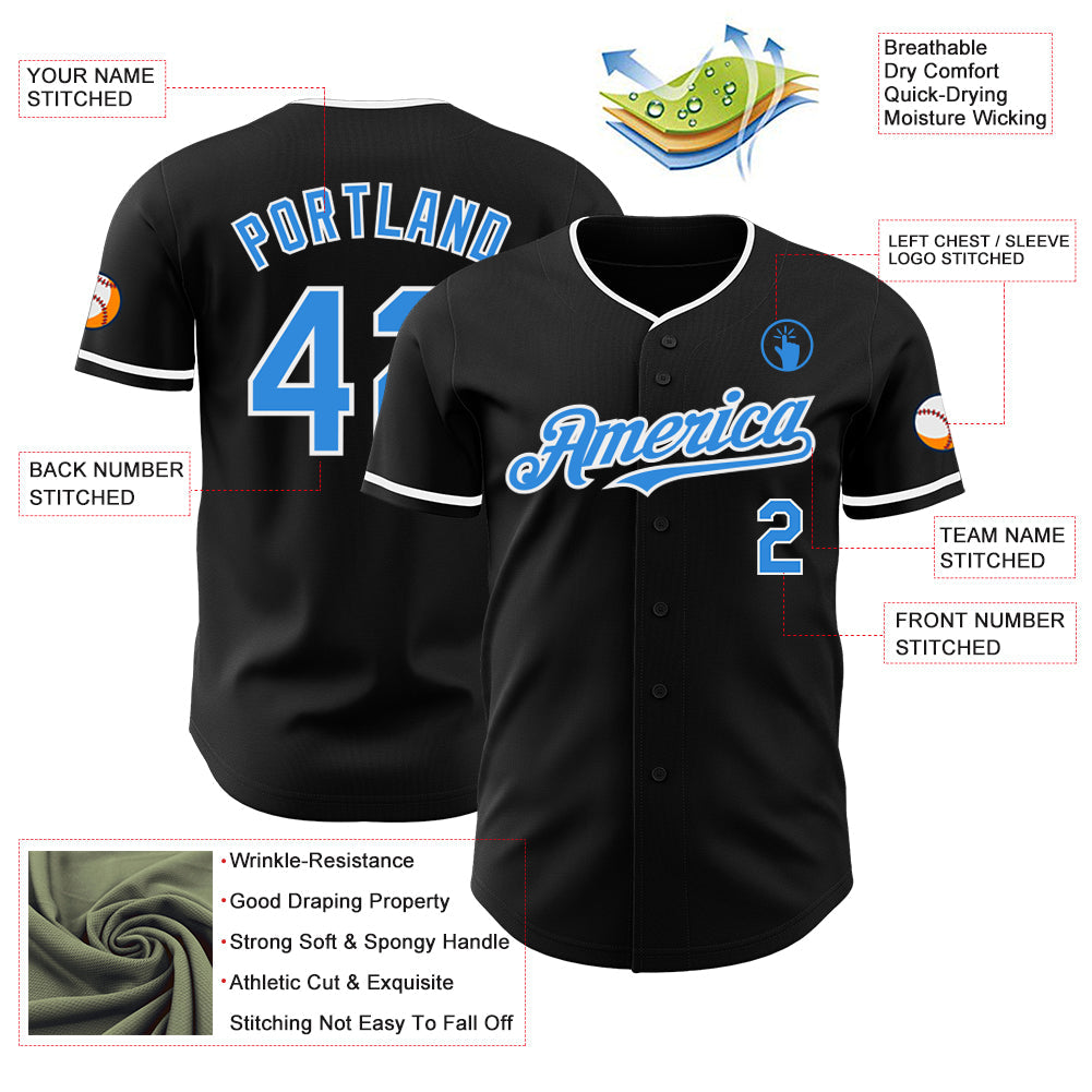 Custom Black Electric Blue-White Authentic Baseball Jersey view 3