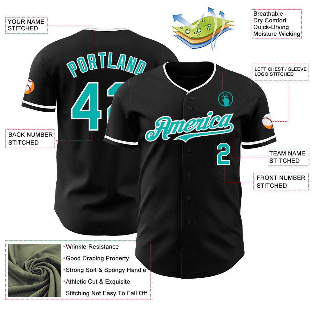 Custom Black Aqua-White Authentic Baseball Jersey view 3