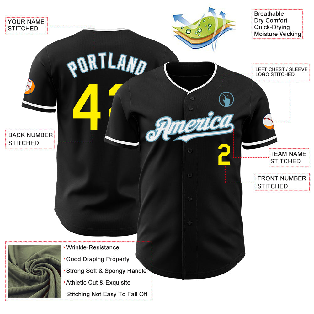 Custom Black Light Yellow Shadow Blue-White Authentic Baseball Jersey view 3