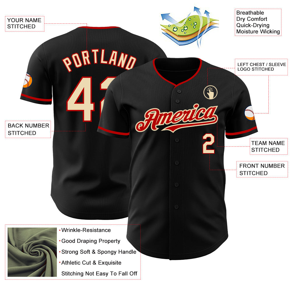 Custom Black Cream-Red Authentic Baseball Jersey view 3