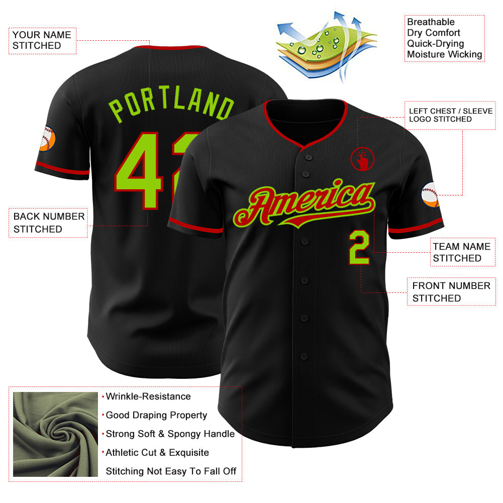 Custom Black Neon Green-Red Authentic Baseball Jersey view 3
