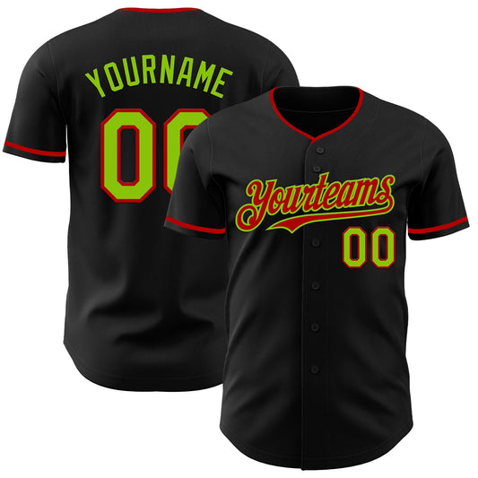 Custom Black Neon Green-Red Authentic Baseball Jersey - Main View