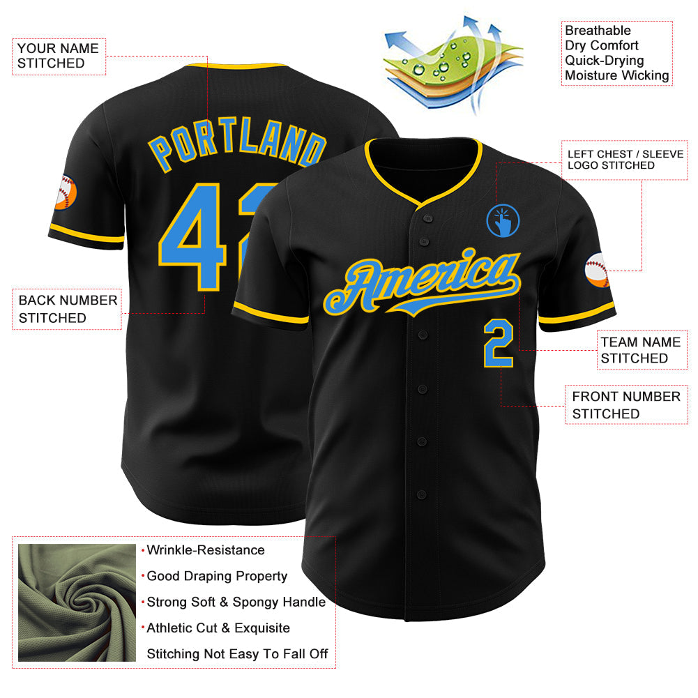 Custom Black Electric Blue-Yellow Authentic Baseball Jersey view 3