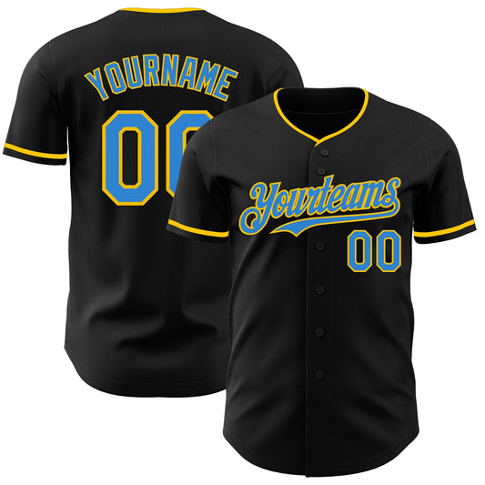 Custom Black Electric Blue-Yellow Authentic Baseball Jersey - Main View
