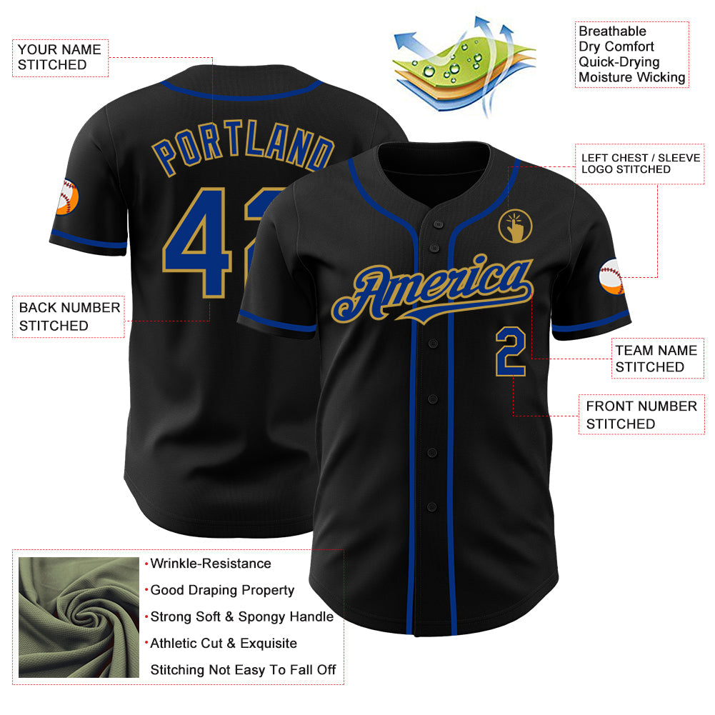 Custom Black Royal-Old Gold Authentic Baseball Jersey view 3