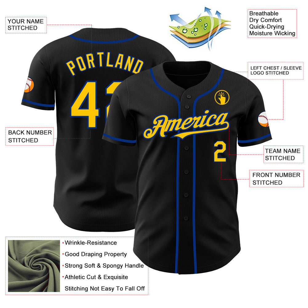 Custom Black Yellow-Royal Authentic Baseball Jersey view 3