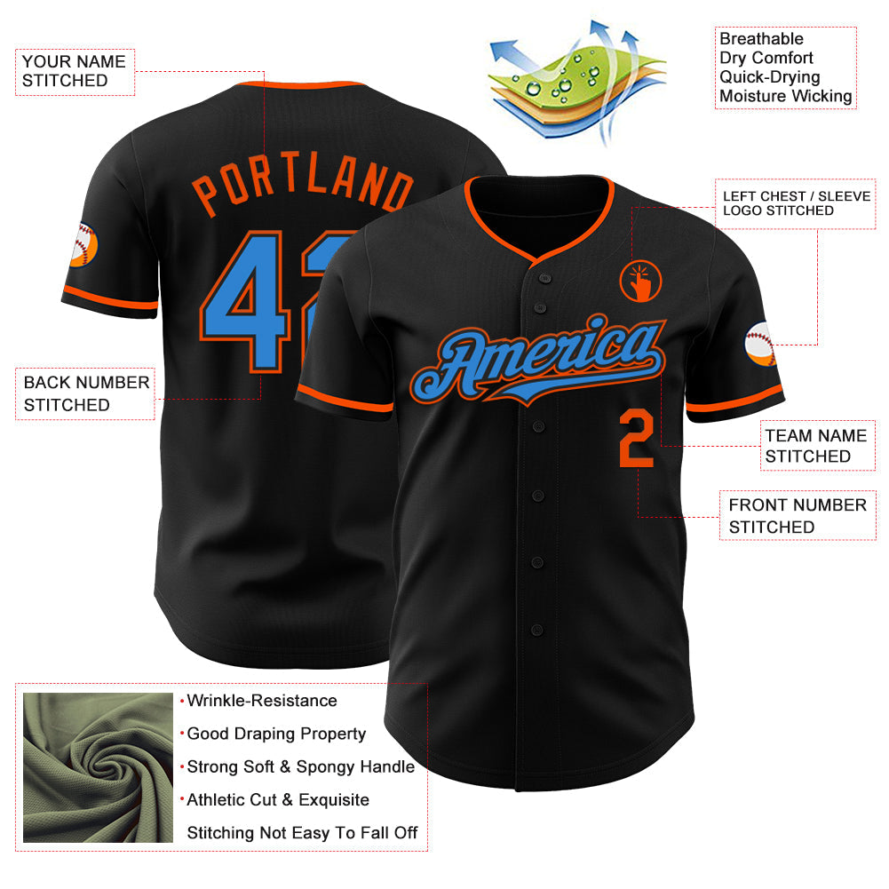 Custom Black Electric Blue-Orange Authentic Baseball Jersey view 3