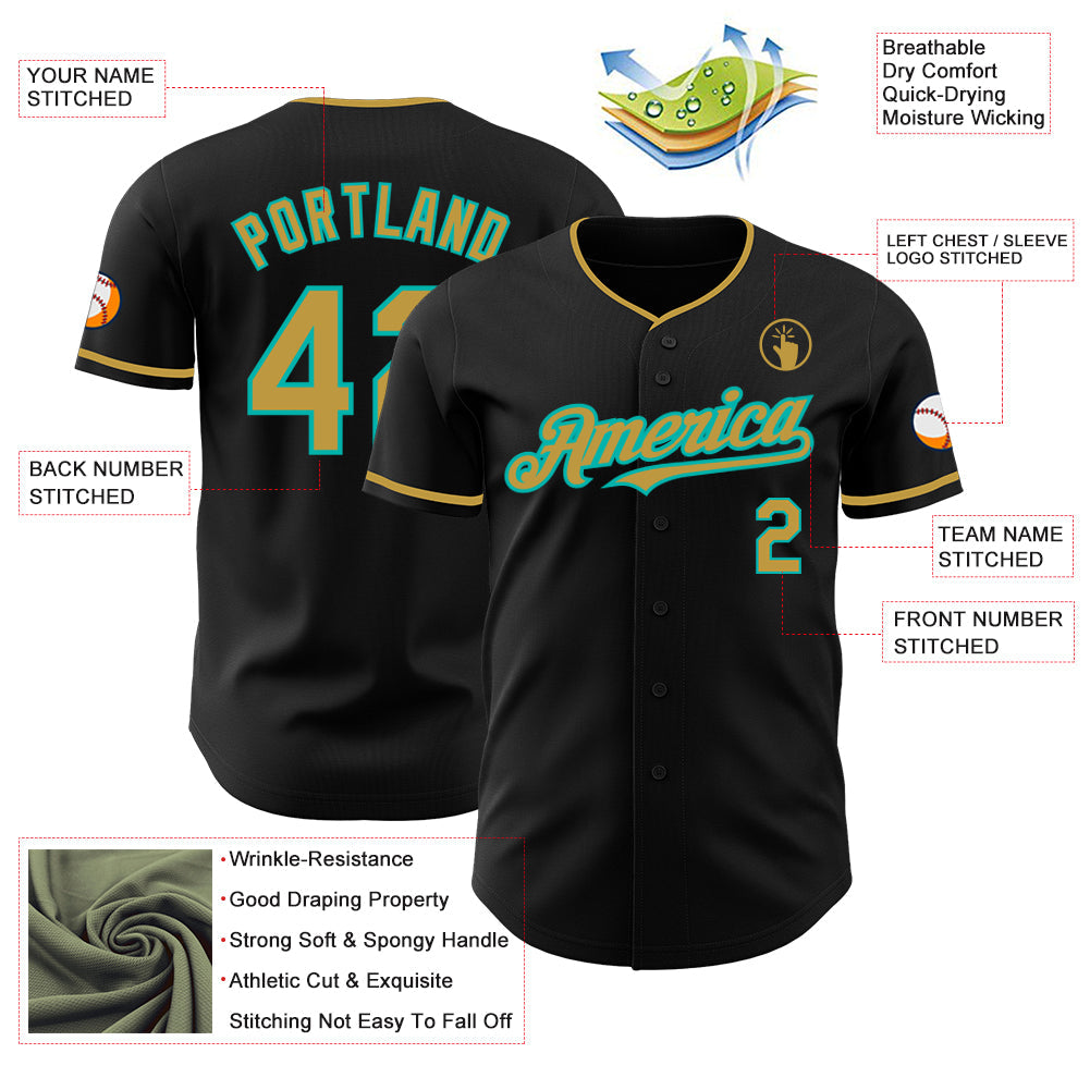 Custom Black Old Gold-Aqua Authentic Baseball Jersey view 3