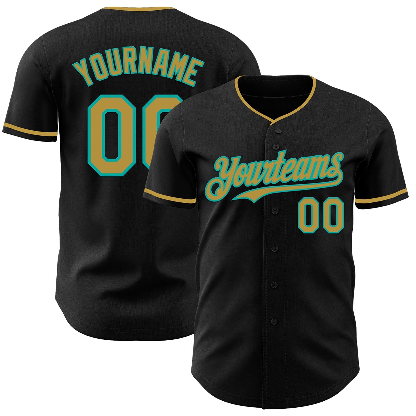 Custom Black Old Gold-Aqua Authentic Baseball Jersey - Main View