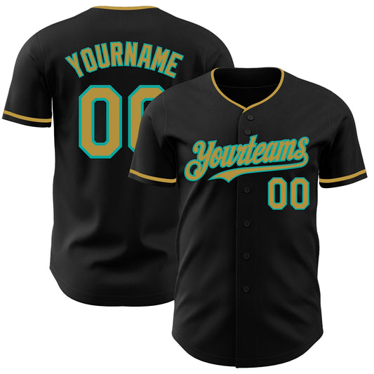 Custom Black Old Gold-Aqua Authentic Baseball Jersey - Main View