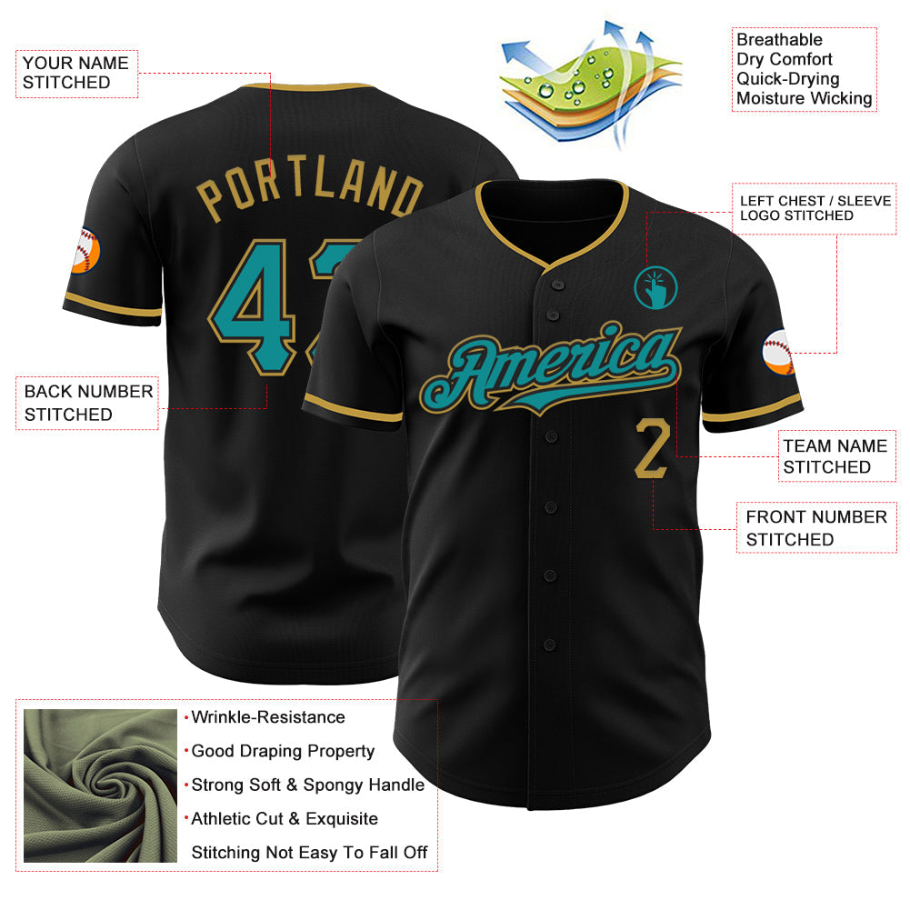Custom Black Teal-Old Gold Authentic Baseball Jersey view 3