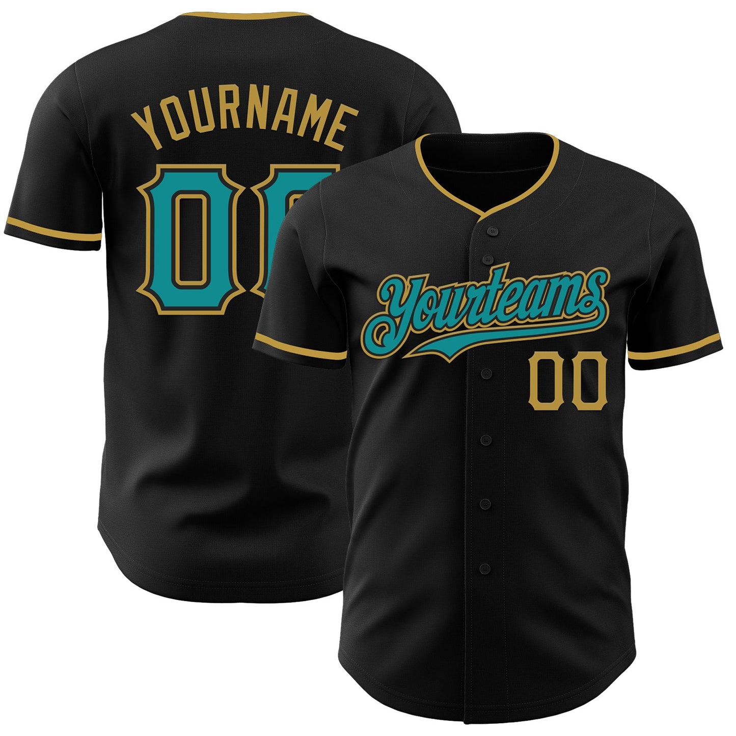 Custom Black Teal-Old Gold Authentic Baseball Jersey - Main View