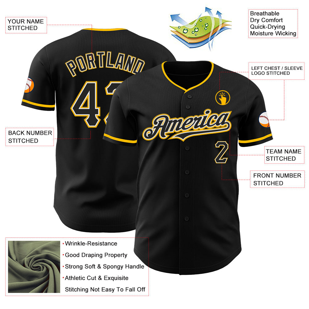 Custom Black White-Gold Authentic Baseball Jersey view 3