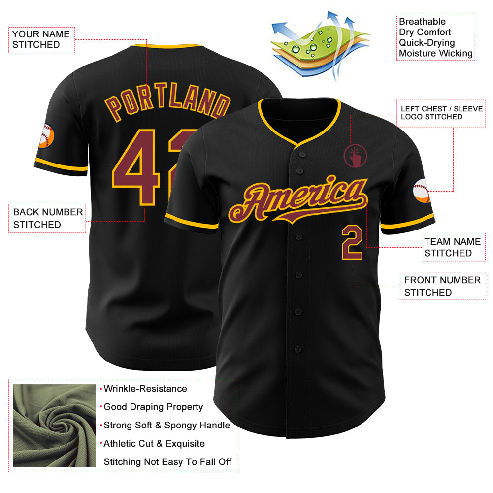 Custom Black Burgundy-Gold Authentic Baseball Jersey view 3