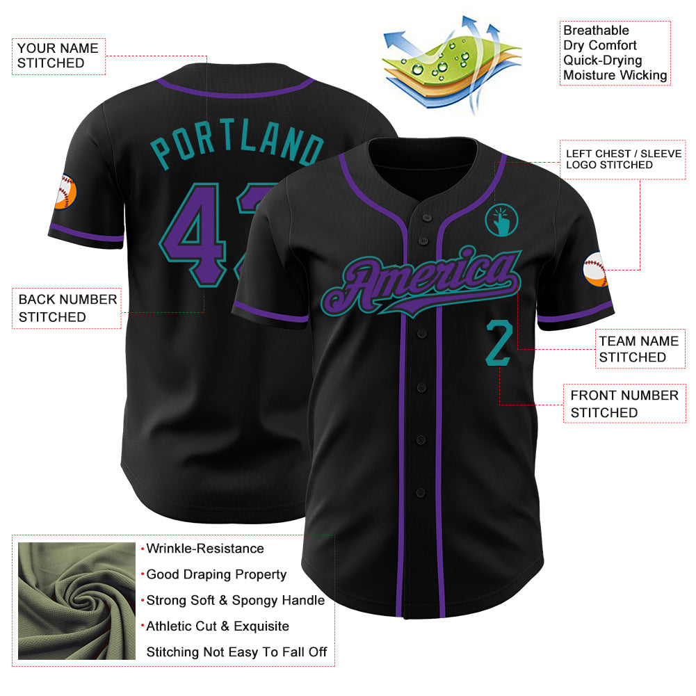 Custom Black Purple-Teal Authentic Baseball Jersey view 3