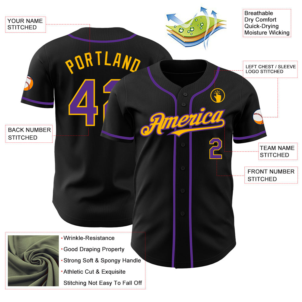 Custom Black Purple-Gold Authentic Baseball Jersey view 3