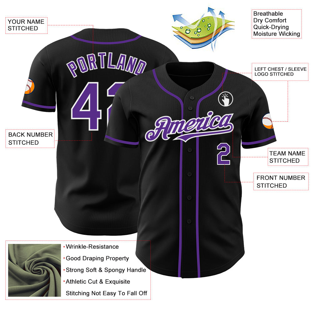 Custom Black Purple-White Authentic Baseball Jersey view 3