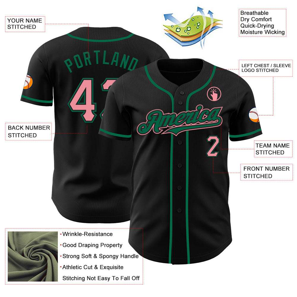 Custom Black Medium Pink-Kelly Green Authentic Baseball Jersey view 3