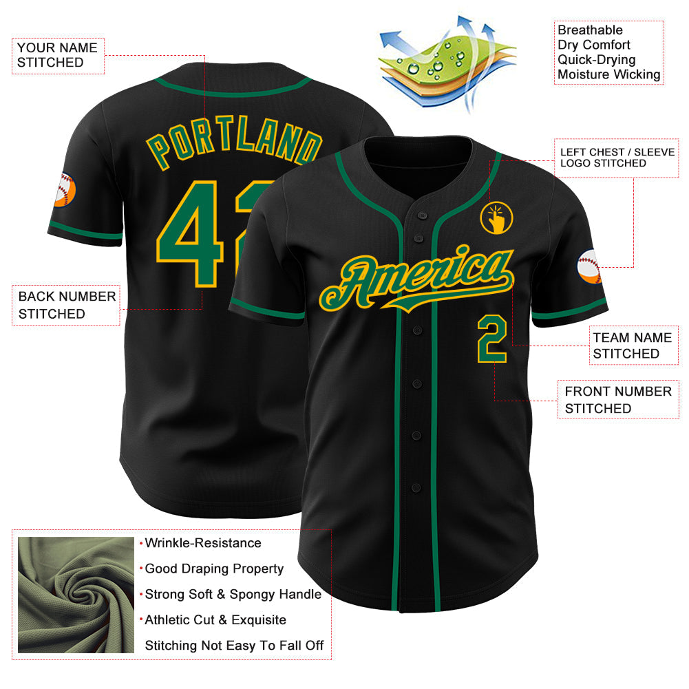 Custom Black Kelly Green-Gold Authentic Baseball Jersey view 3