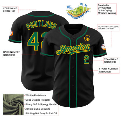 Custom Black Kelly Green-Gold Authentic Baseball Jersey view 3