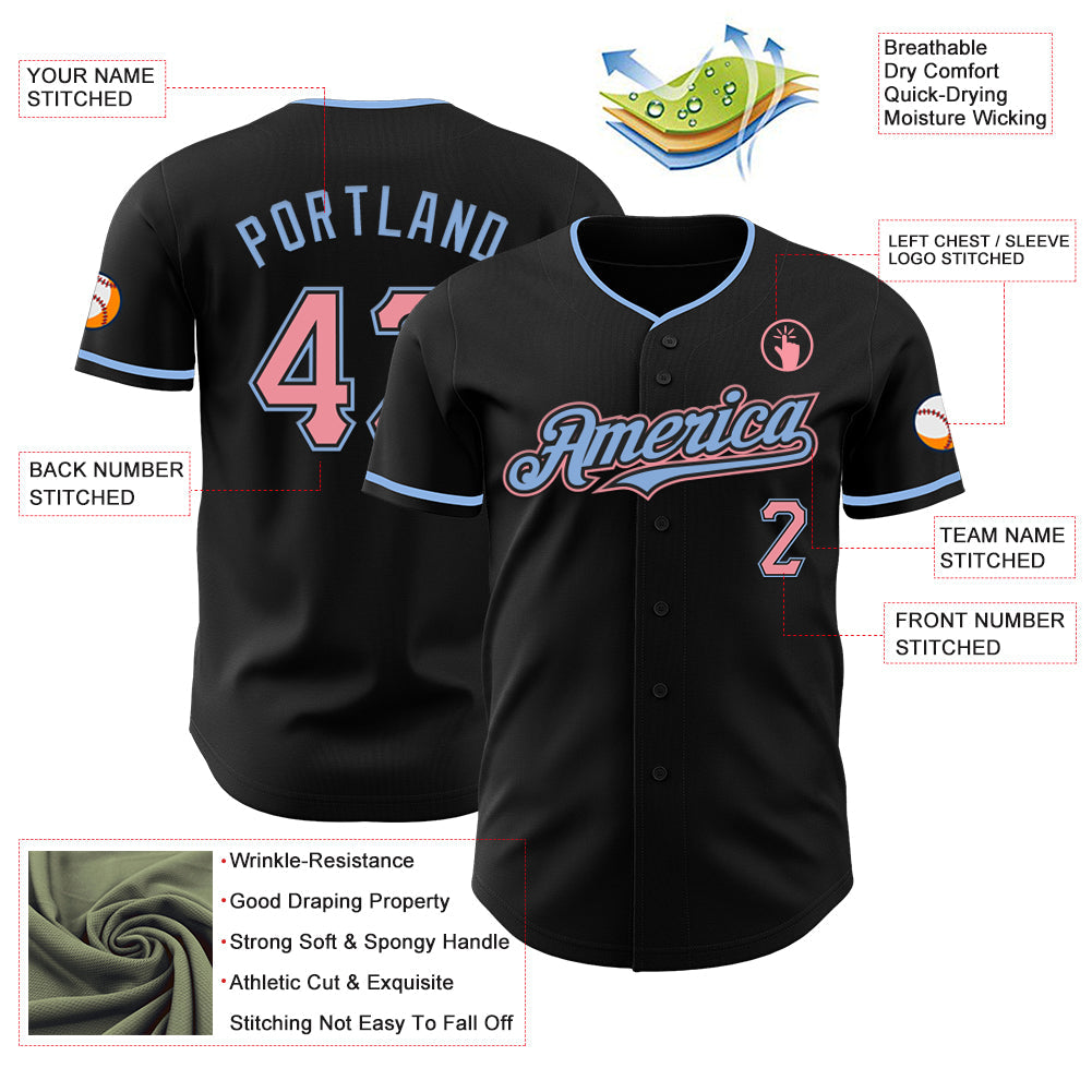 Custom Black Medium Pink-Light Blue Authentic Baseball Jersey view 3