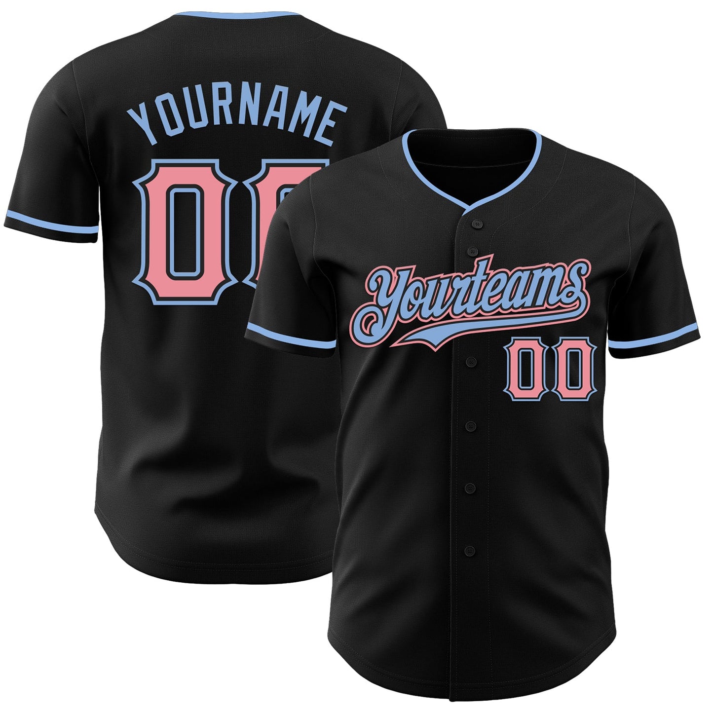 Custom Black Medium Pink-Light Blue Authentic Baseball Jersey - Main View