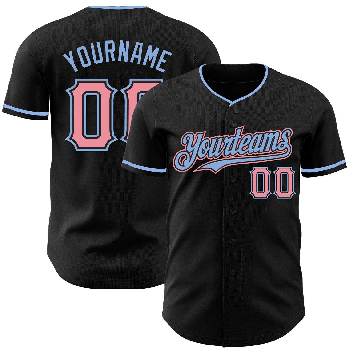 Custom Black Medium Pink-Light Blue Authentic Baseball Jersey - Main View