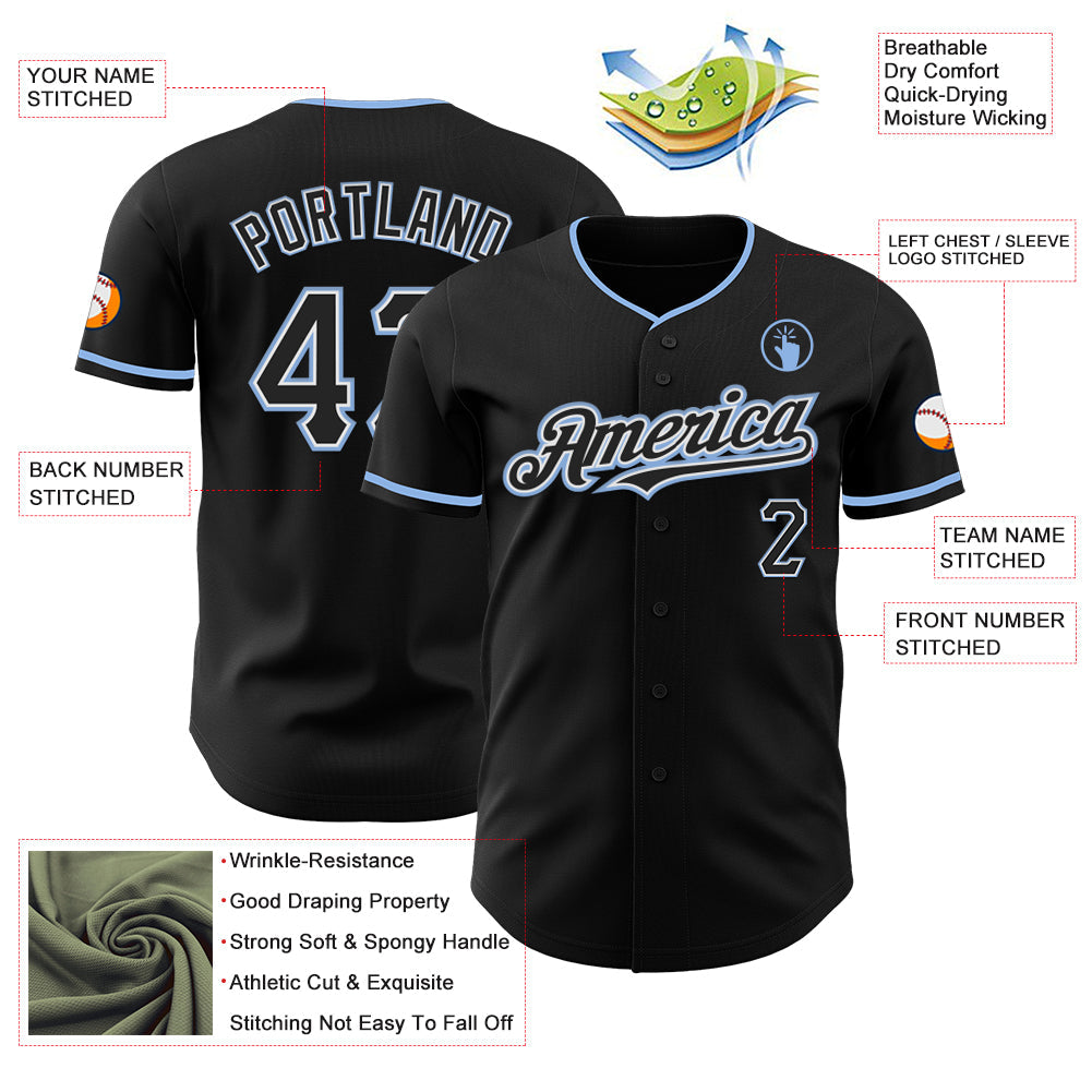 Custom Black White-Light Blue Authentic Baseball Jersey view 3