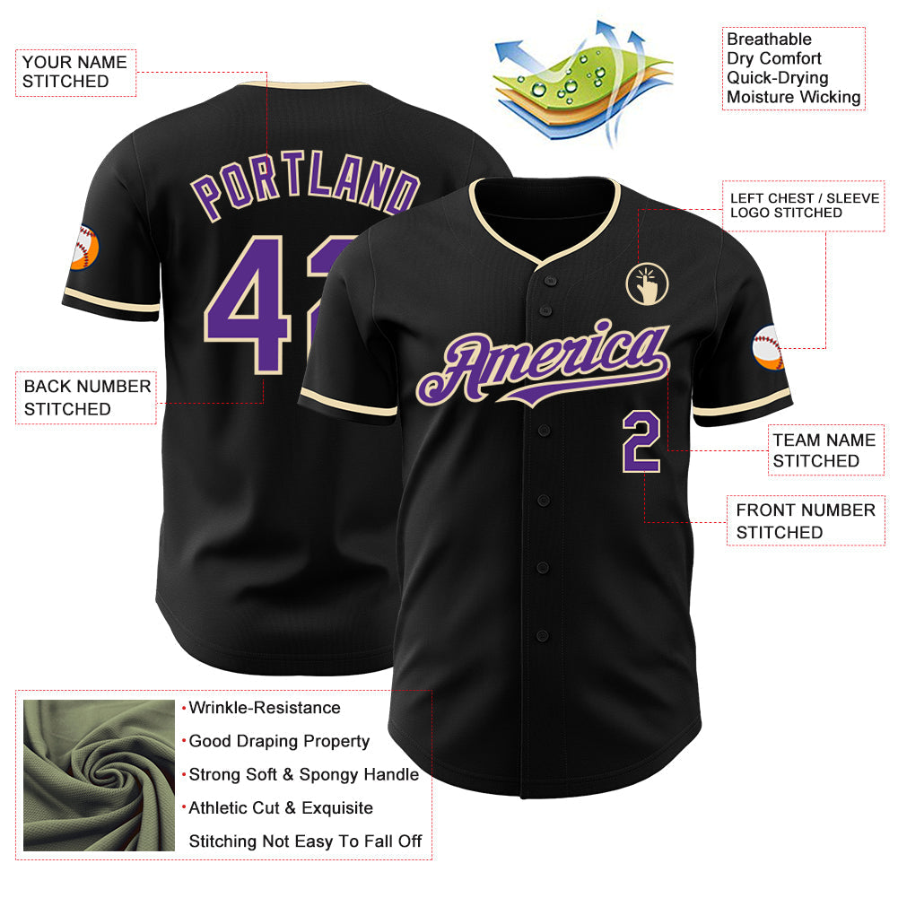 Custom Black Purple-Cream Authentic Baseball Jersey view 3