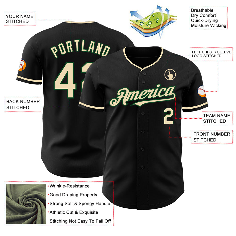 Custom Black Cream-Green Authentic Baseball Jersey view 3