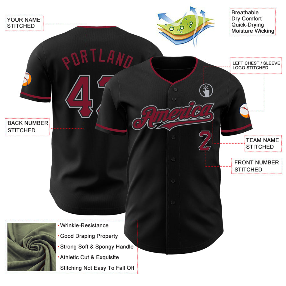 Custom Black Crimson-Gray Authentic Baseball Jersey view 3
