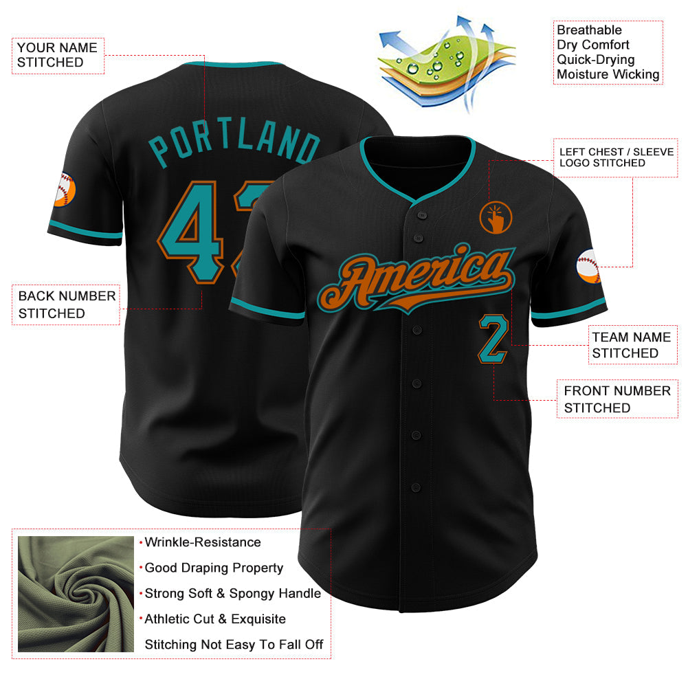 Custom Black Teal-Texas Orange Authentic Baseball Jersey view 3