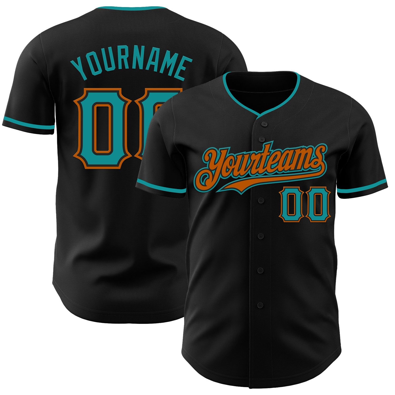 Custom Black Teal-Texas Orange Authentic Baseball Jersey - Main View