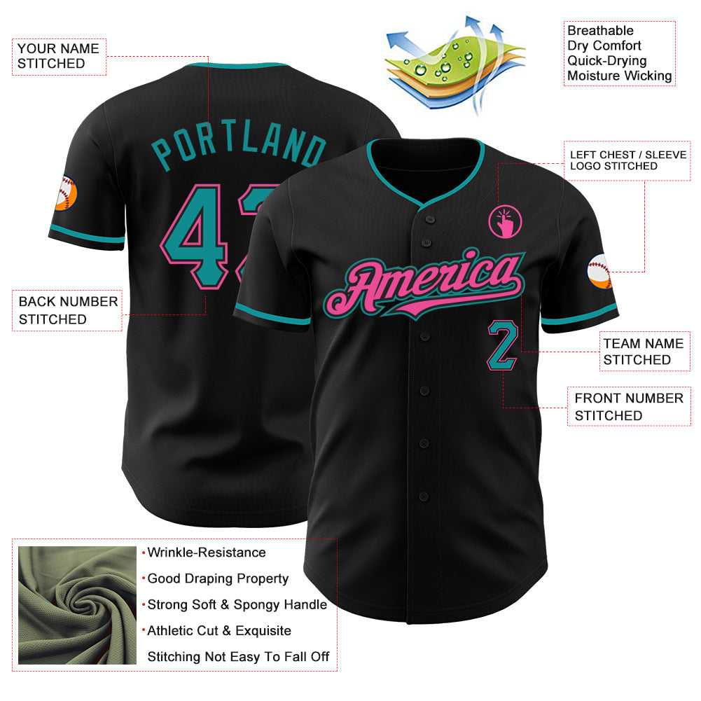 Custom Black Teal-Pink Authentic Baseball Jersey view 3