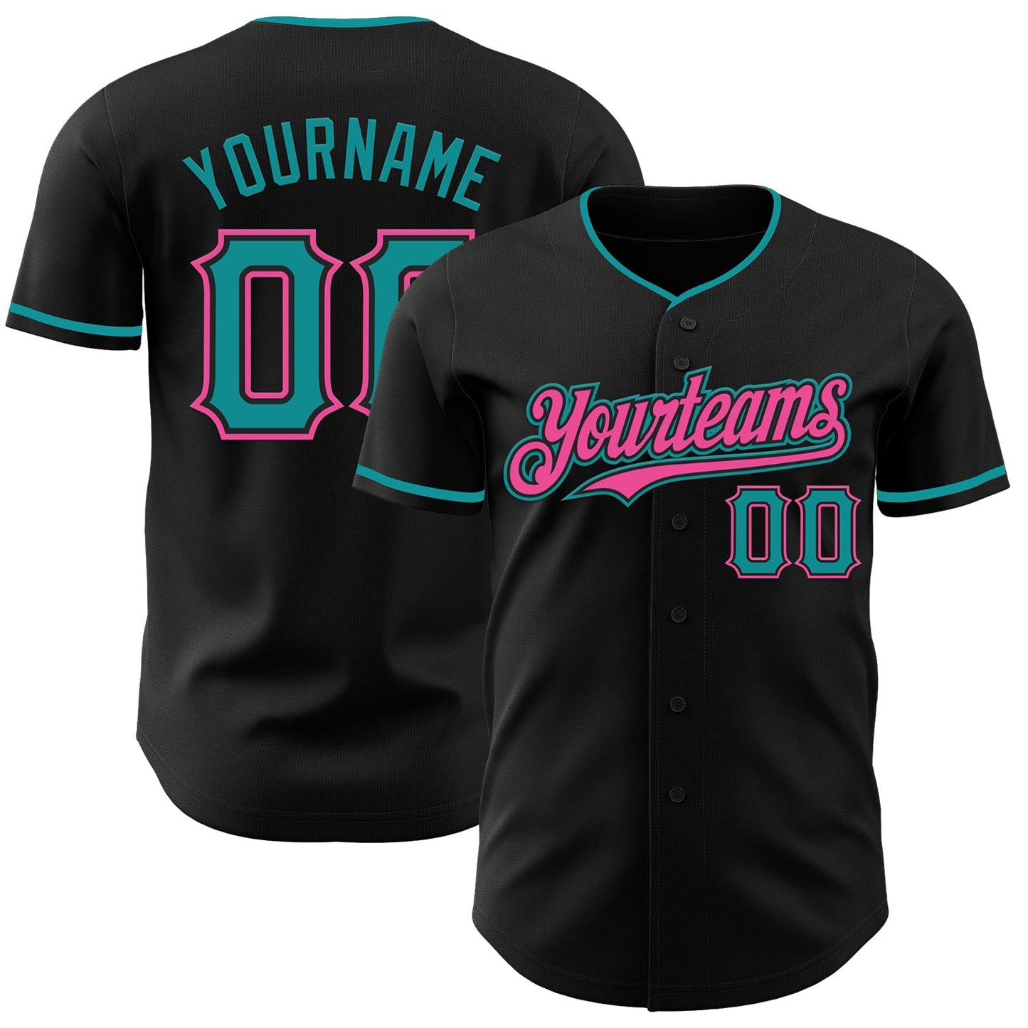 Custom Black Teal-Pink Authentic Baseball Jersey - Main View