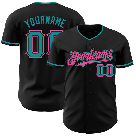 Custom Black Teal-Pink Authentic Baseball Jersey - Main View