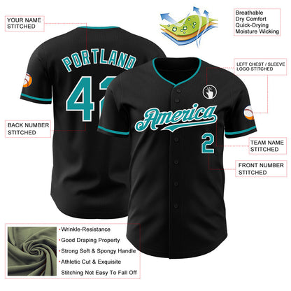 Custom Black Teal-White Authentic Baseball Jersey view 3