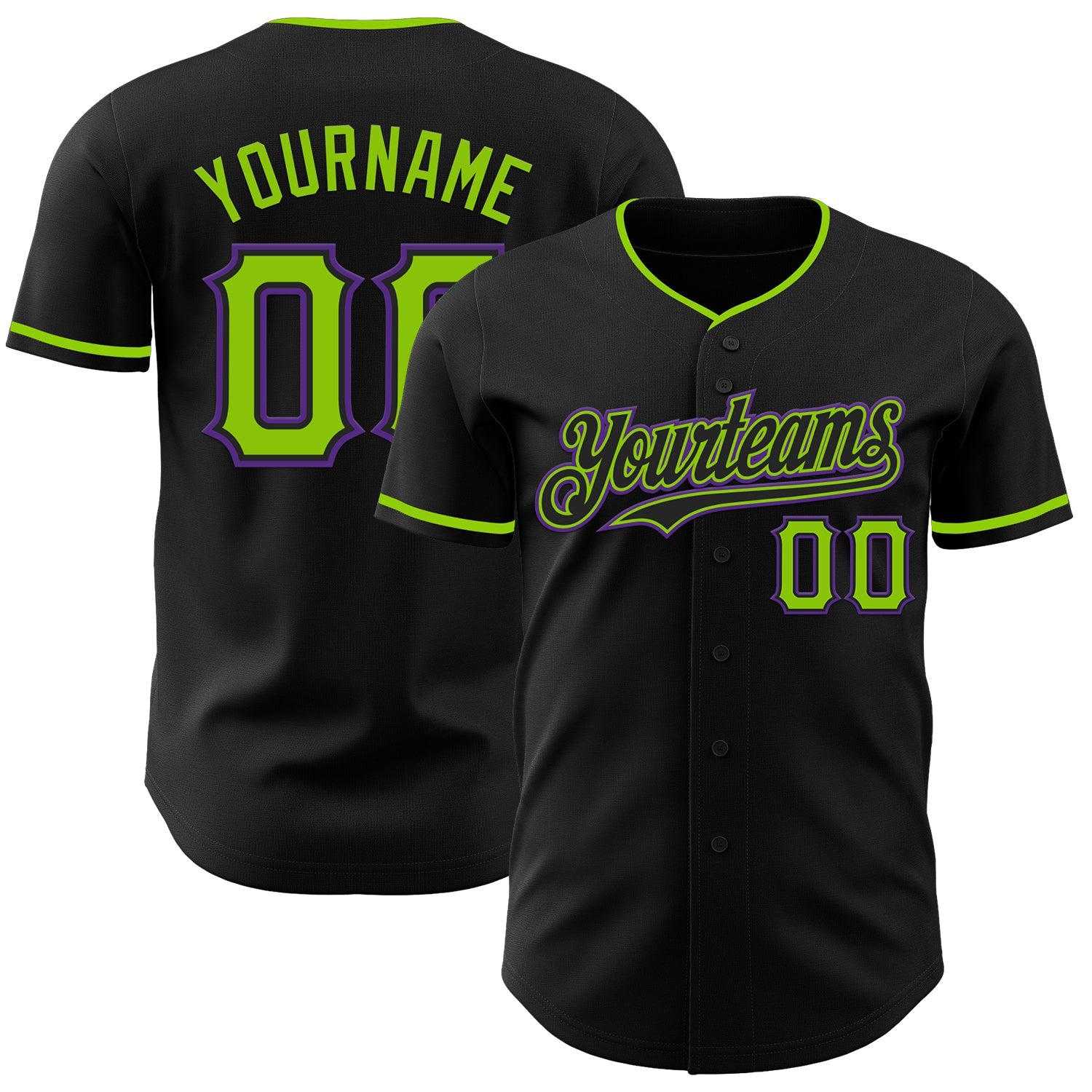 Custom Black Neon Green-Purple Authentic Baseball Jersey - Main View