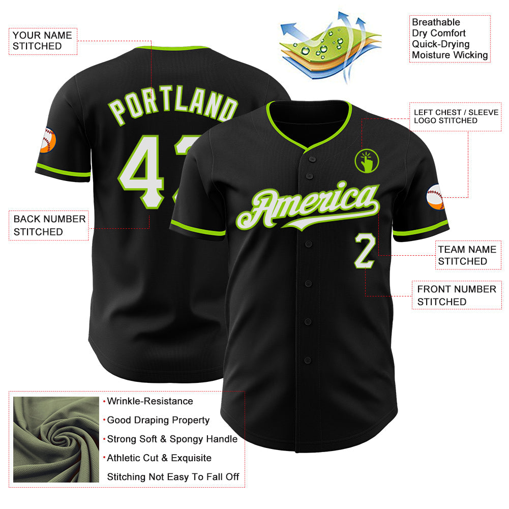 Custom Black White-Neon Green Authentic Baseball Jersey view 3