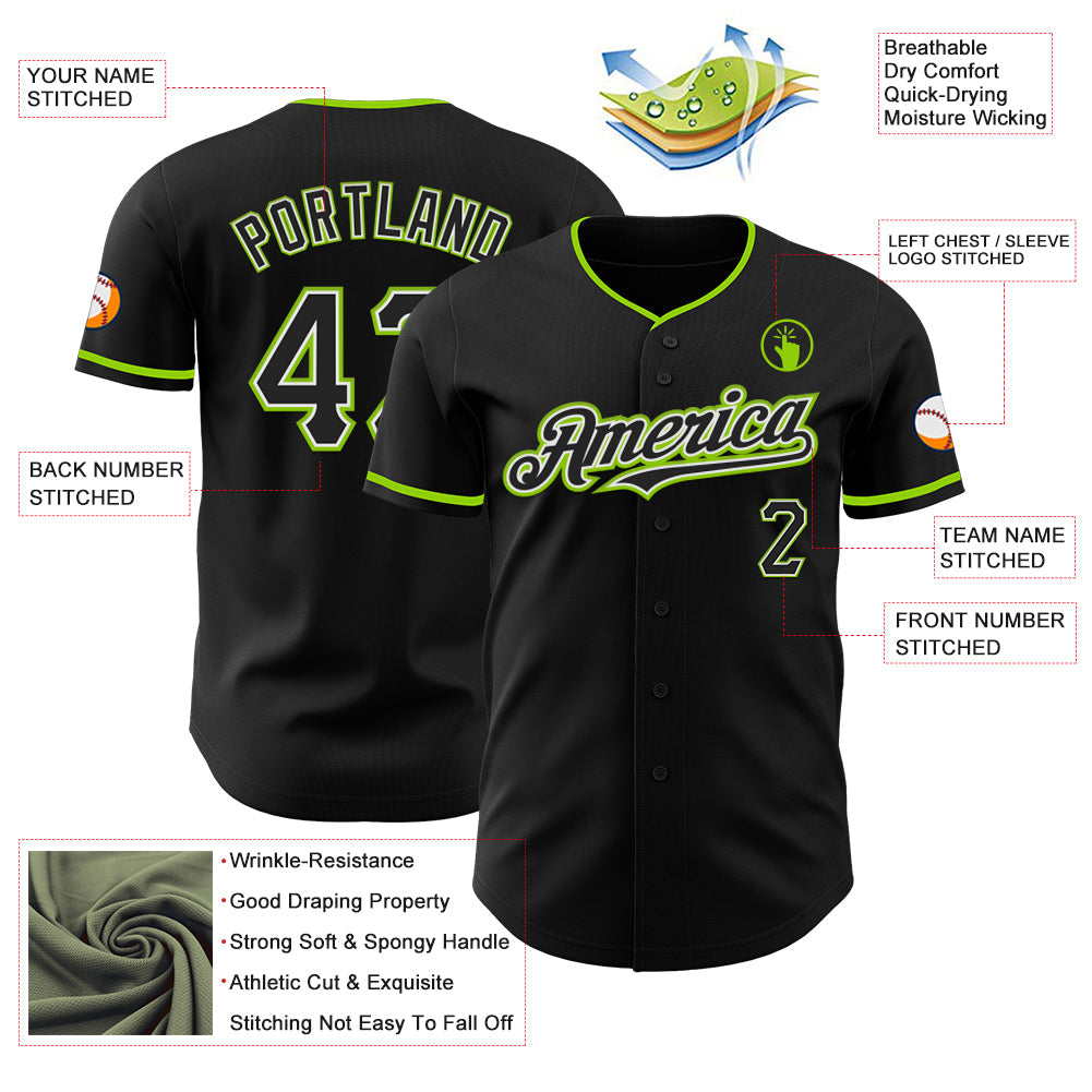 Custom Black White-Neon Green Authentic Baseball Jersey view 3