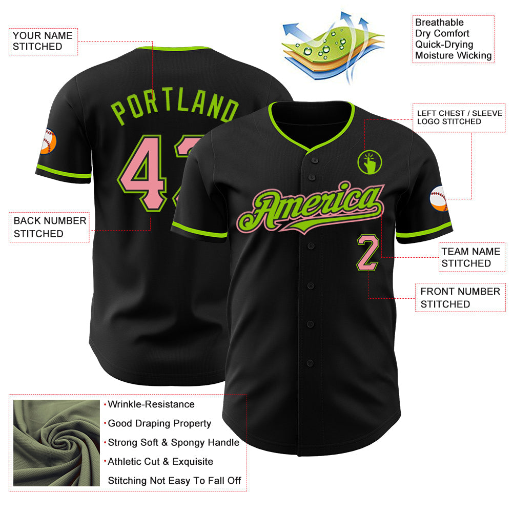 Custom Black Medium Pink-Neon Green Authentic Baseball Jersey view 3