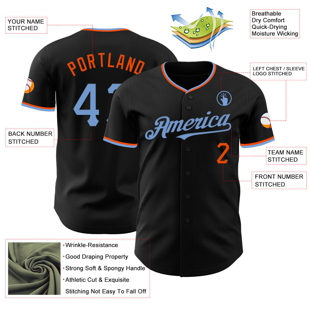 Custom Black Powder Blue-Orange Authentic Baseball Jersey view 3